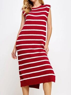 Boutique Sleeveless Game Day Shoulder Pad Textured Stripe Knit Dress, Size Large